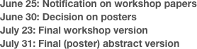 June 25: Notification on workshop papers
June 30: Decision on posters
July 23: Final workshop version 
July 31: Final (poster) abstract version