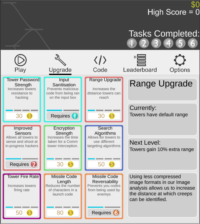 Game screenshot upgrades